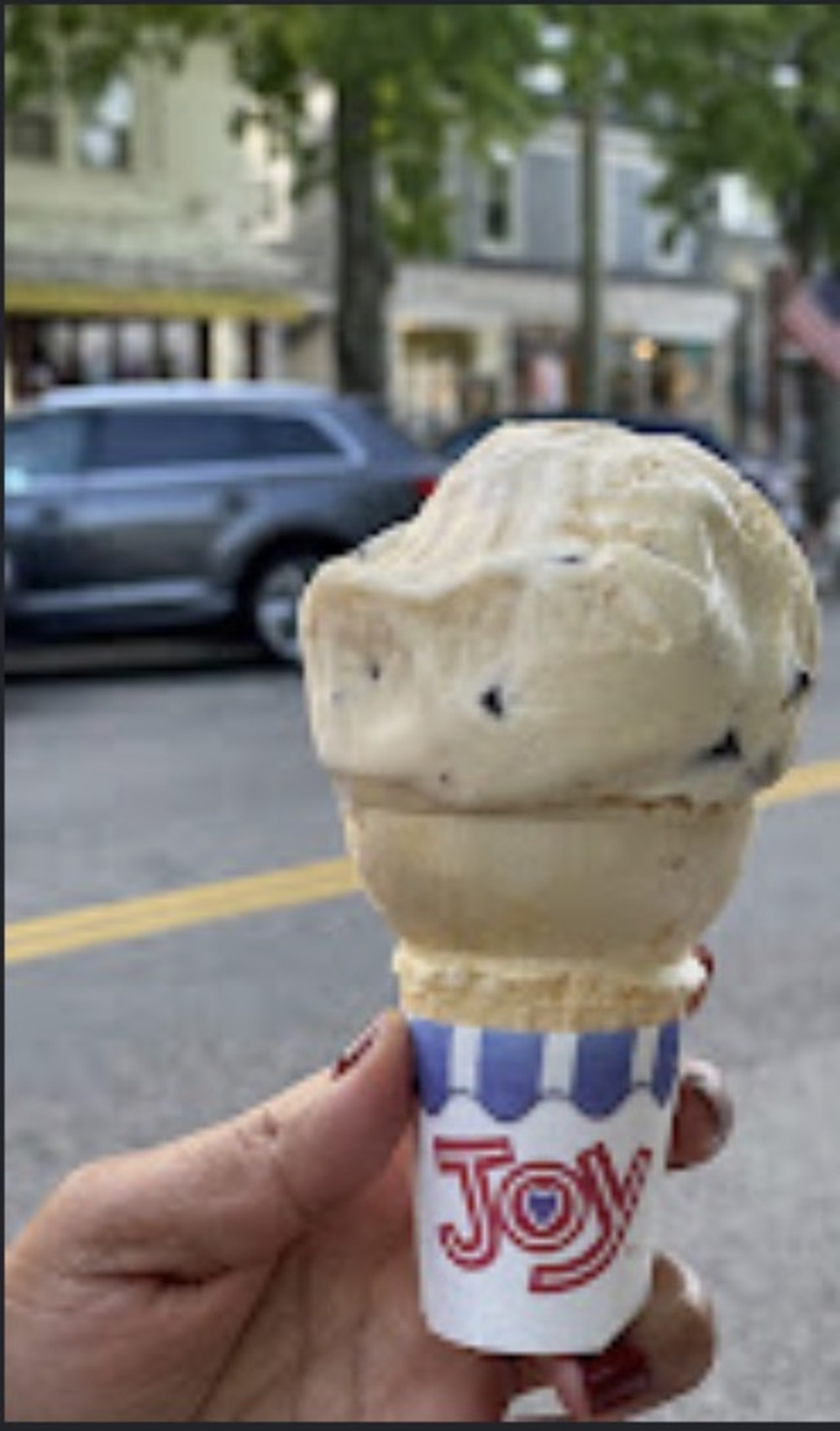 Hand holding a Joy cup with two scoops of coffee chocolate chip ice cream on Main Street